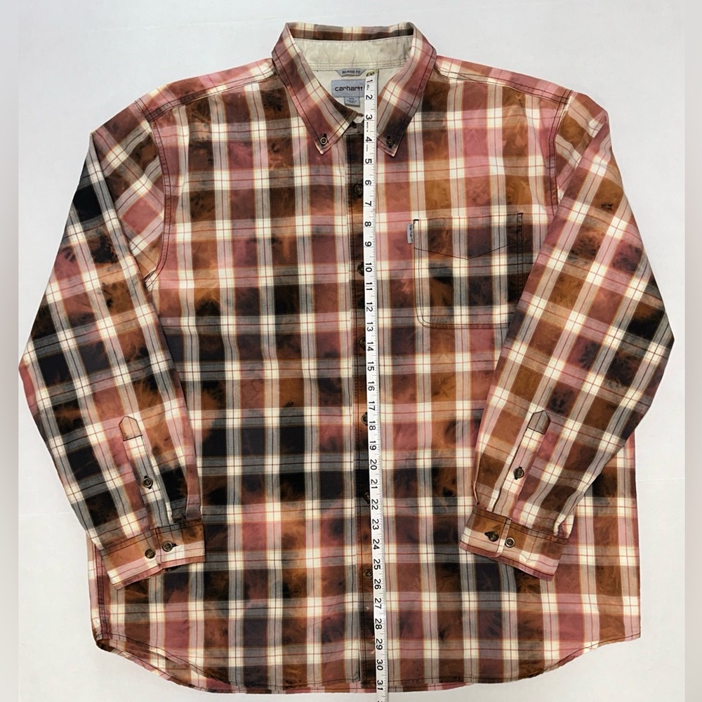 Carhartt Relaxed Fit 2XL Upcycled Reworked Bleach Dye Plaid Button Down Shirt - Picture 13 of 15